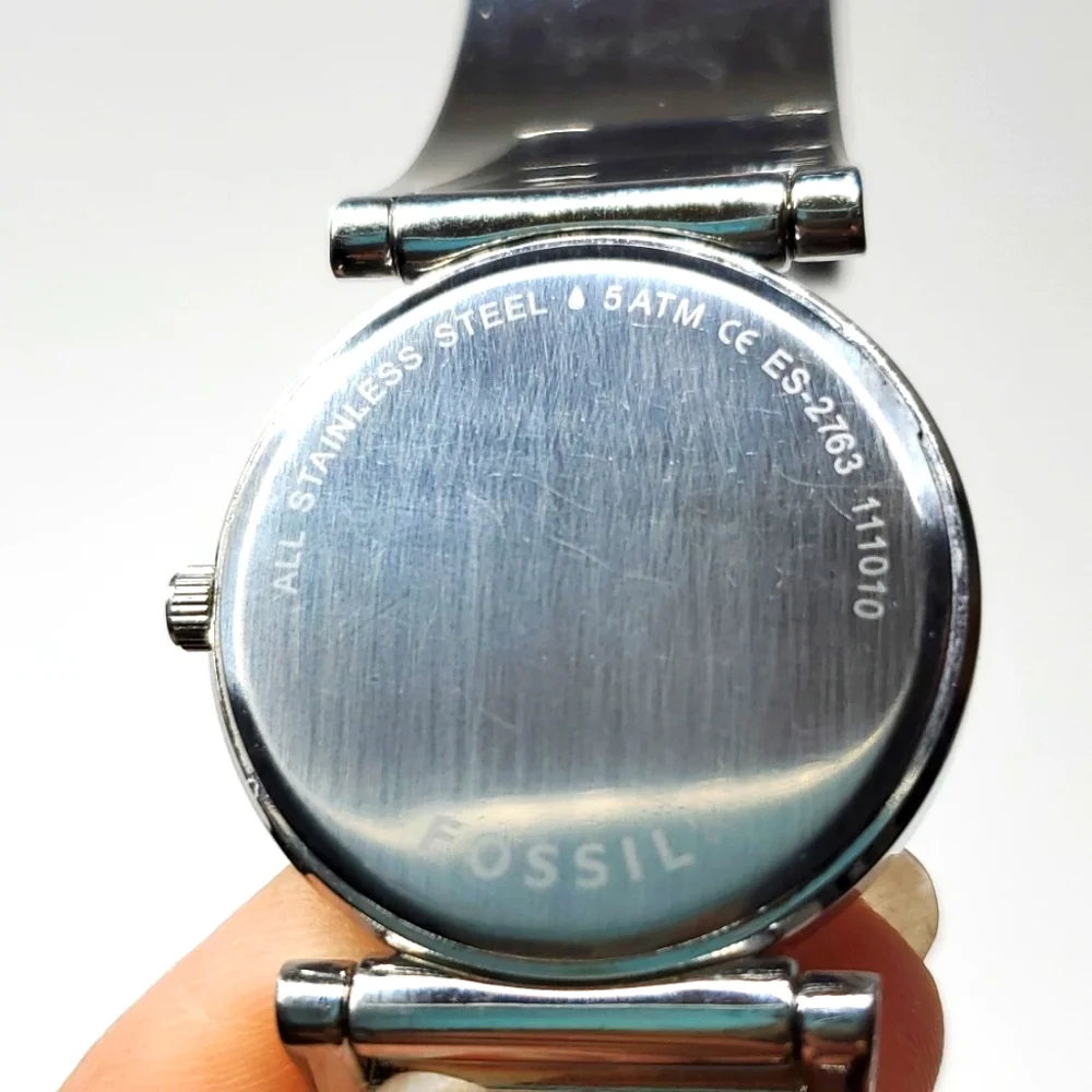 Fossil Blue ES2763 Silver Steel Bangle Floral Pave Wristband White Face